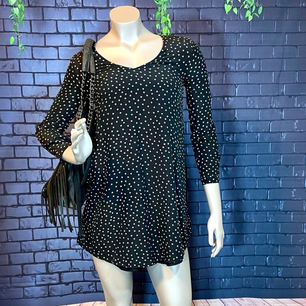 Madewell Black, mini dress with white stars and gold buttons